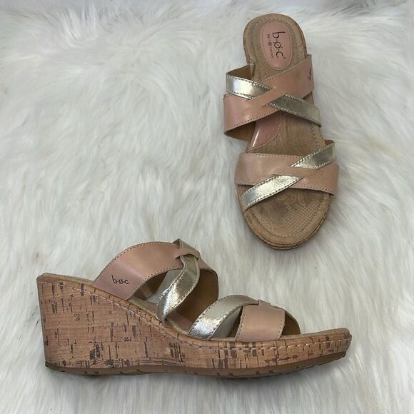 Born BOC Blush/Metallic Leather Strappy Cork Wedge Slides Mules Sz 9 - Picture 1 of 8